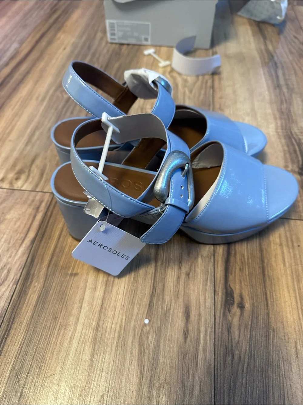 Womens Light Blue Patent Platform Sandal with Silver Buckle